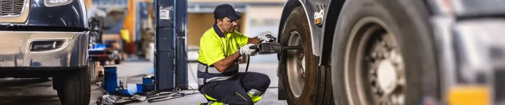 A tech servicing a truck wheel.