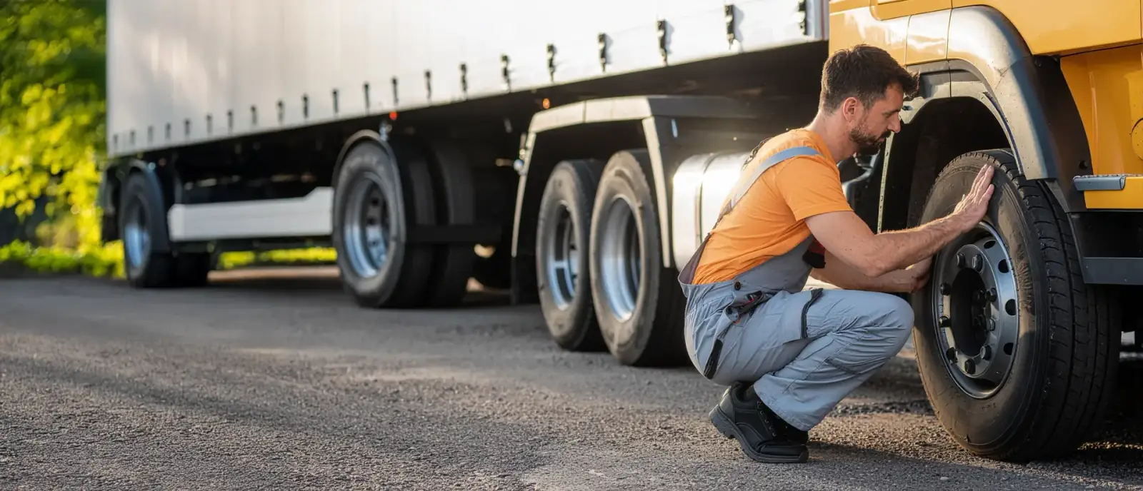 A man in a yellow shirt and blue overalls, kneeling at the wheel of a large yellow commercial truck