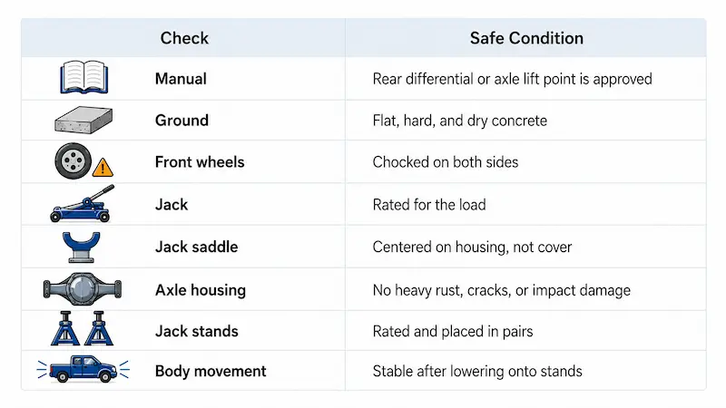 Truck rear differential jacking checklist Truck rear differential jacking checklist